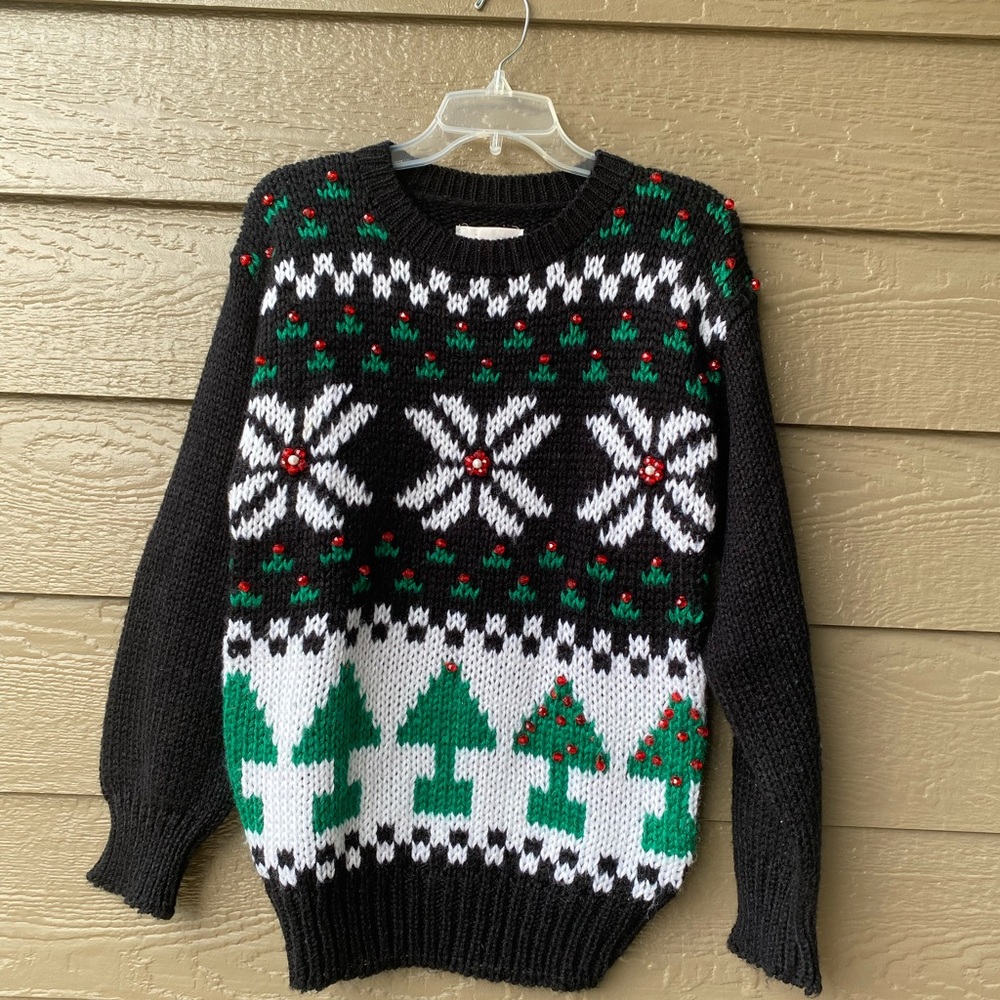 Adell Barre Ugly Christmas Sweater Black Acrylic Pullover, 80s